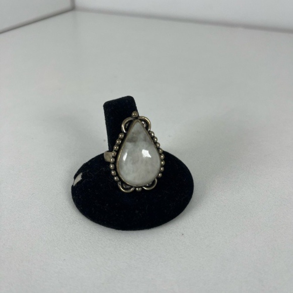Vintage Style Moonstone Teardrop Statement Ring Silver Tone Beaded Ornate Boho